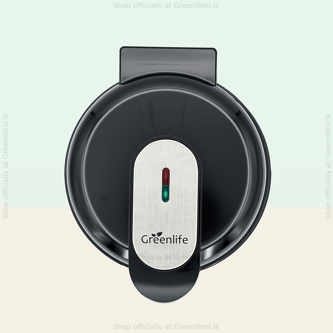 Greenlife electric doughnut maker 750W seen from above, round lid with steel panel