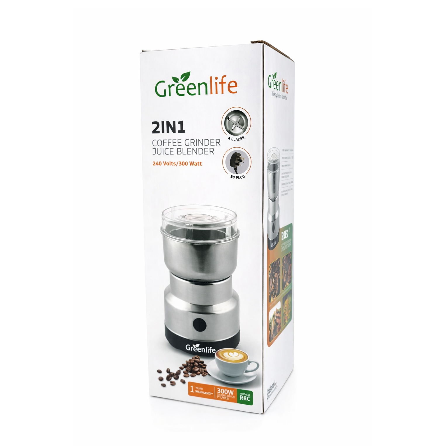 Front view of Greenlife coffee grinder machine box showing BS plug and 300W power specs.