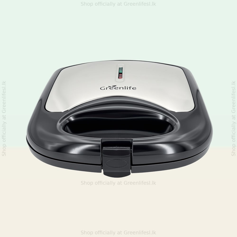 Greenlife 750W non-stick sandwich maker from the front showing the handle and latch