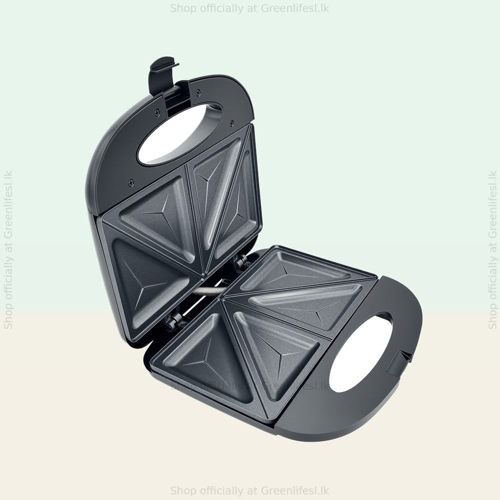 Greenlife 750W non-stick sandwich maker open, showing four triangular non-stick plates