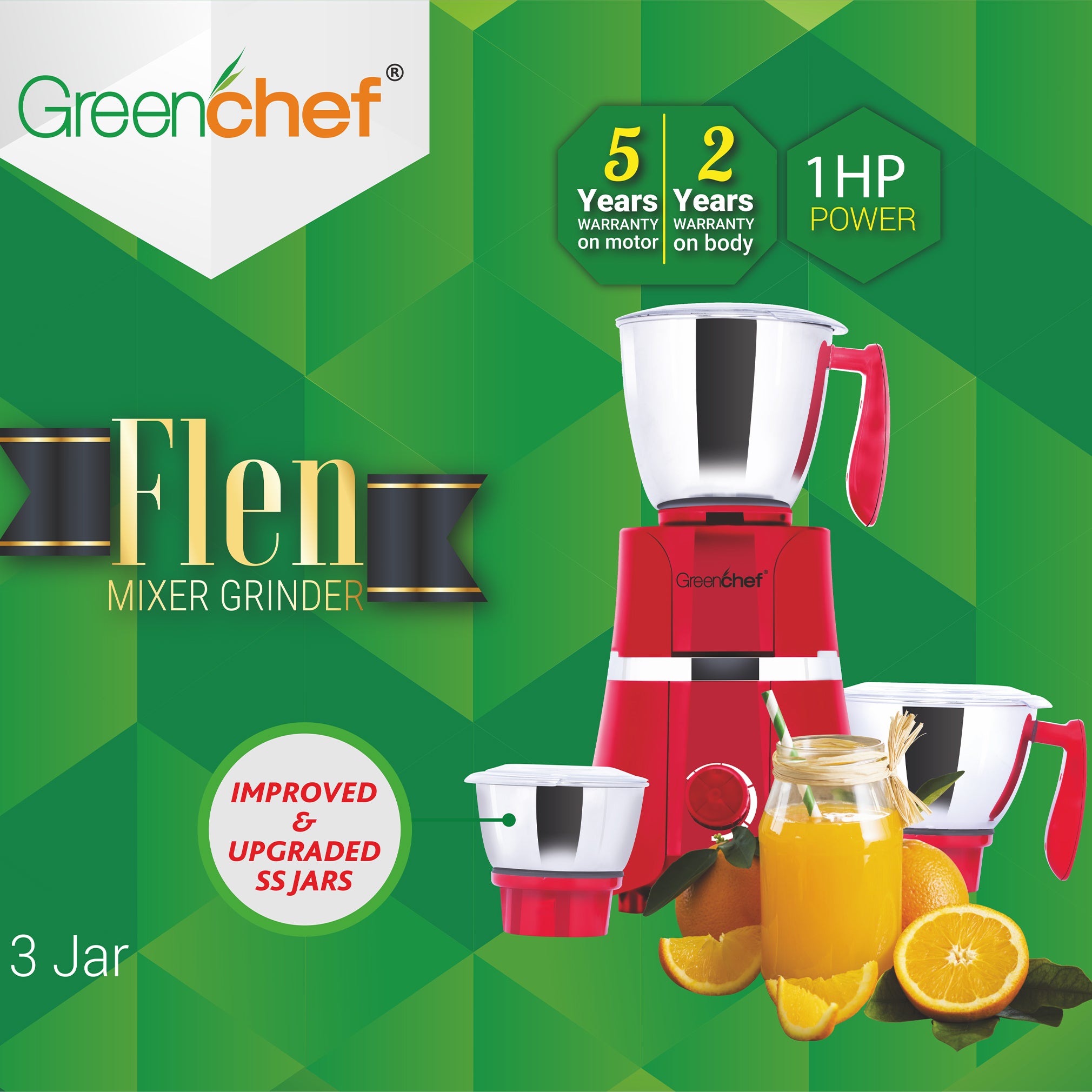 GreenChef Flen Mixer Grinder 1HP with 3 Jars