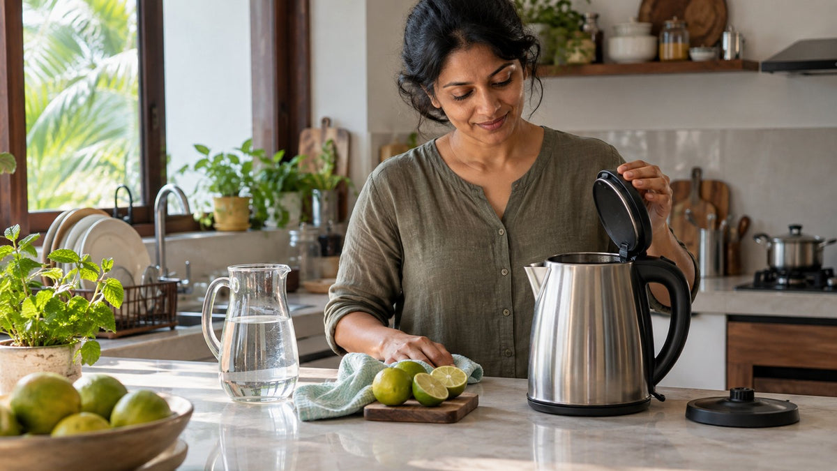 Descale electric kettle, Sri Lankan home kitchen scene