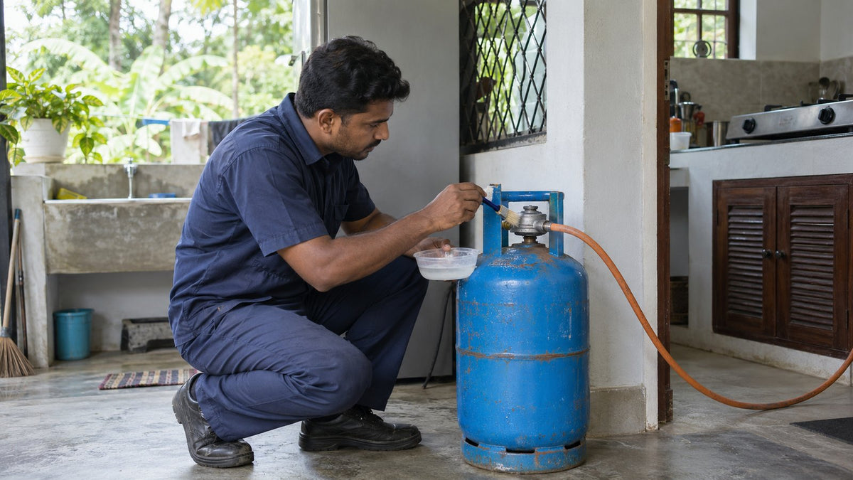 Gas cylinder safety checklist, Sri Lankan home kitchen scene