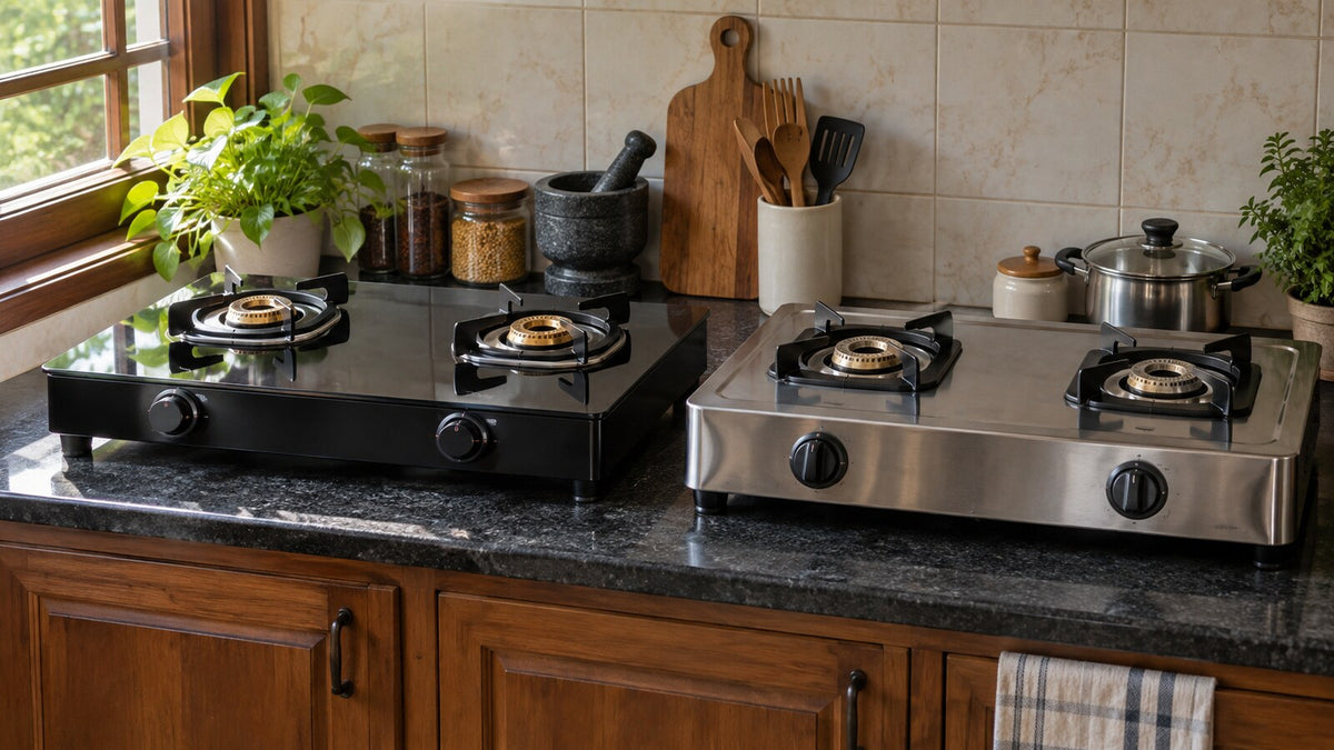 Glass top vs stainless steel gas cooker, Sri Lankan home kitchen scene