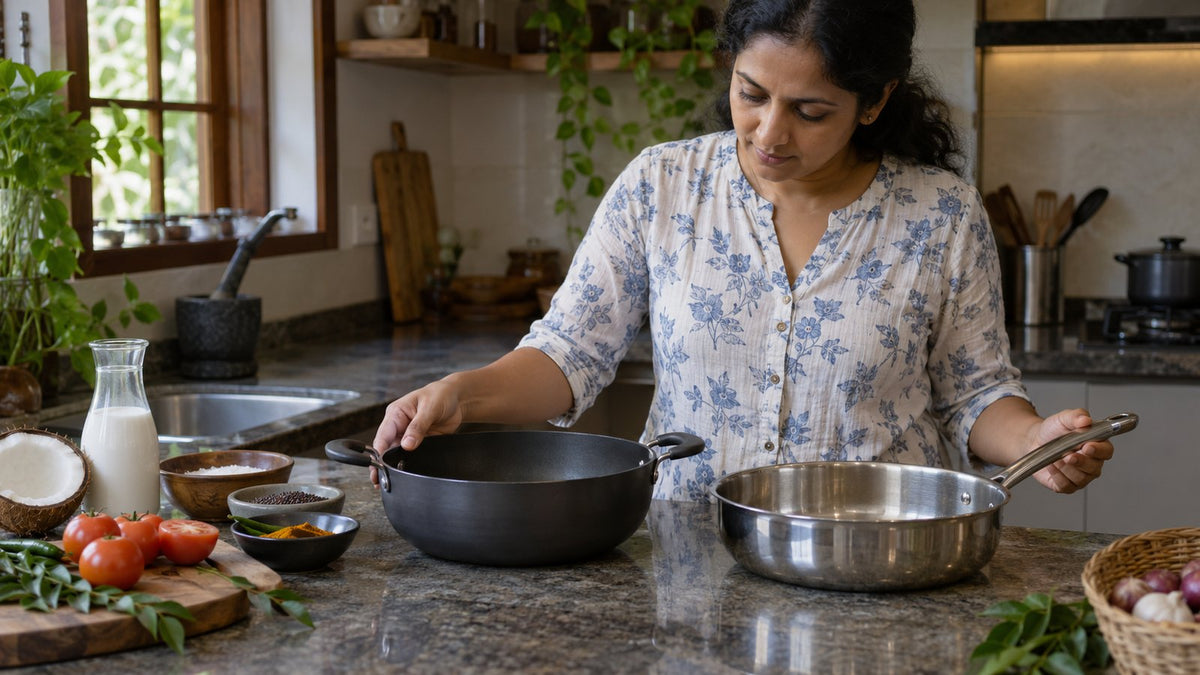 Woman comparing a dark hard anodised pot and a stainless steel pan on a kitchen counter