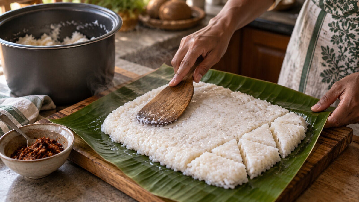 Kiribath spread on a banana leaf and cut into diamonds beside a rice cooker pot