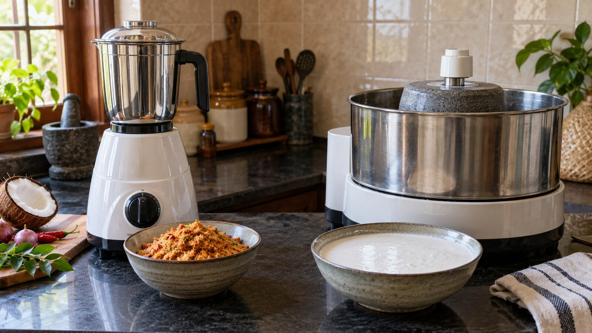 Mixer grinder and stone wet grinder side by side on a Sri Lankan kitchen counter with coconut sambol and batter