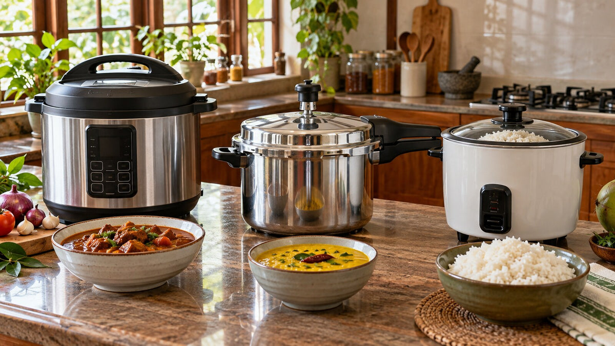 Electric multi cooker, stovetop pressure cooker and rice cooker on a counter with curry, dhal and rice