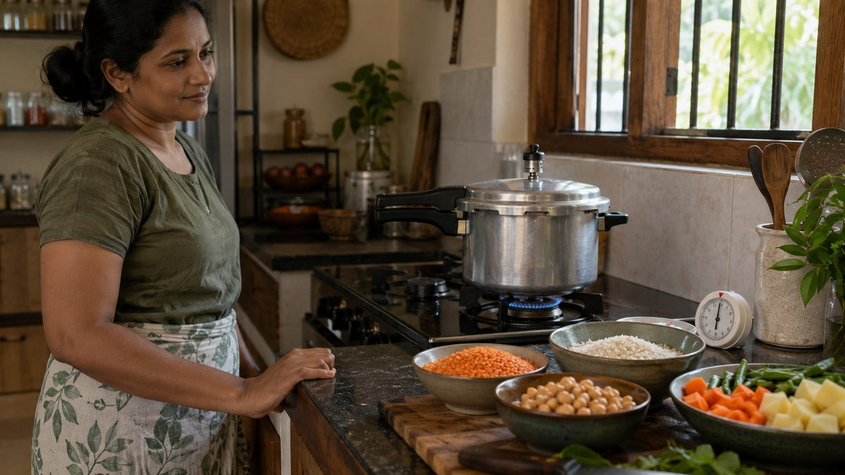 Sri Lankan home cook beside a pressure cooker on a gas stove with red lentils, chickpeas and chopped vegetables ready