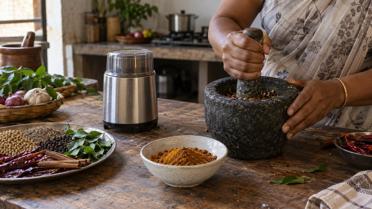 Woman grinding spices in a stone mortar beside an electric spice grinder, whole spices and curry powder