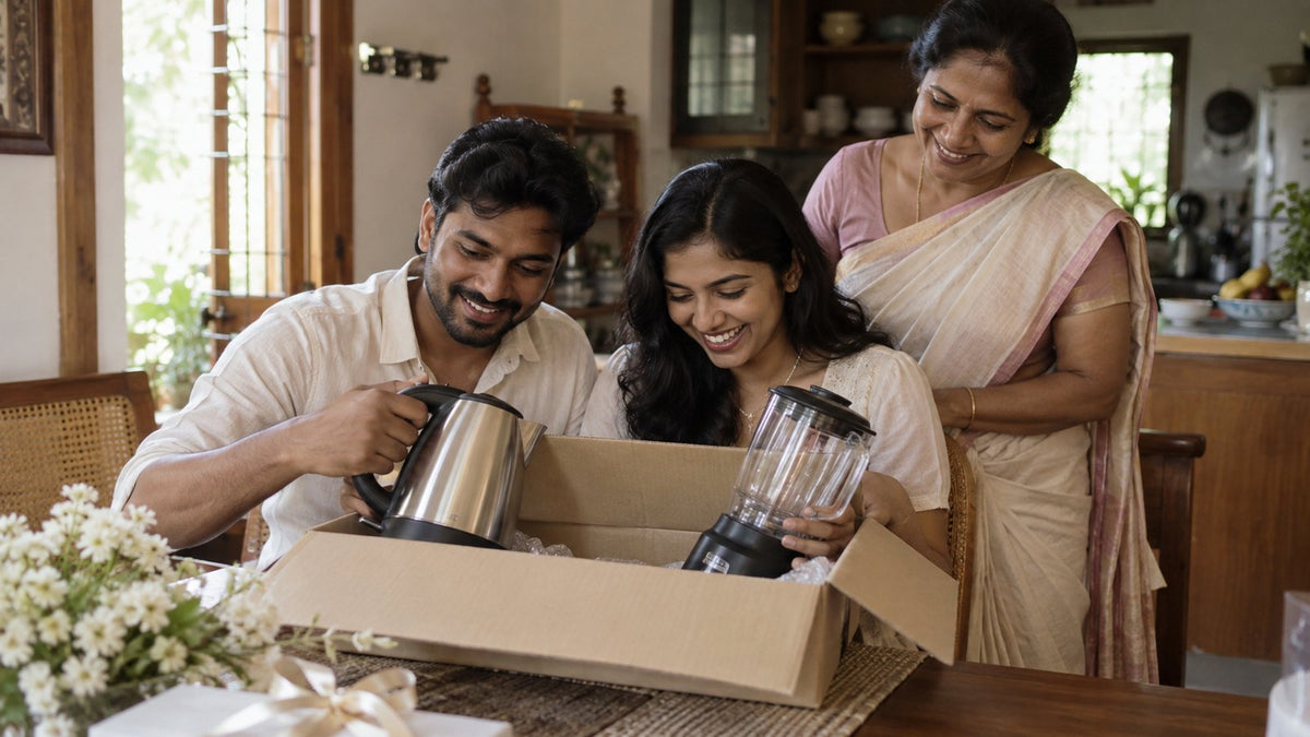 Newly married couple unboxing a kettle and a blender with family in a Sri Lankan living room