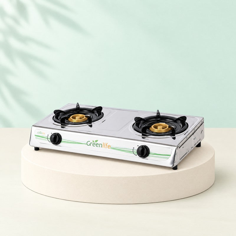 Green Life 2-burner stainless steel gas cooker with brass burners