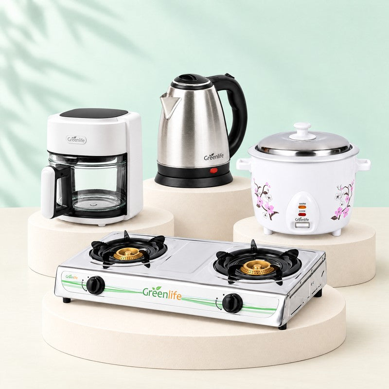 Green Life air fryer, kettle, rice cooker and 2-burner gas cooker