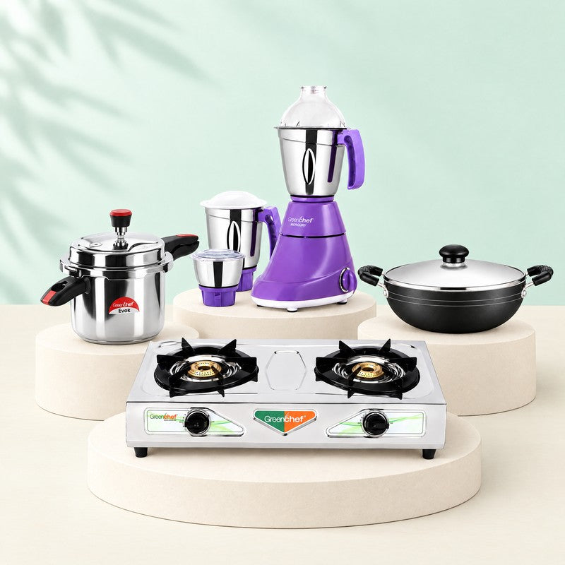 GreenChef pressure cooker, Mercury mixer grinder, kadai and Chandini gas stove