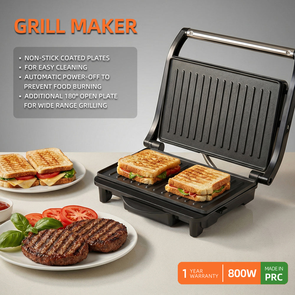 Greenlife 800W grill maker with 180-degree open plate function for wide-range grilling.