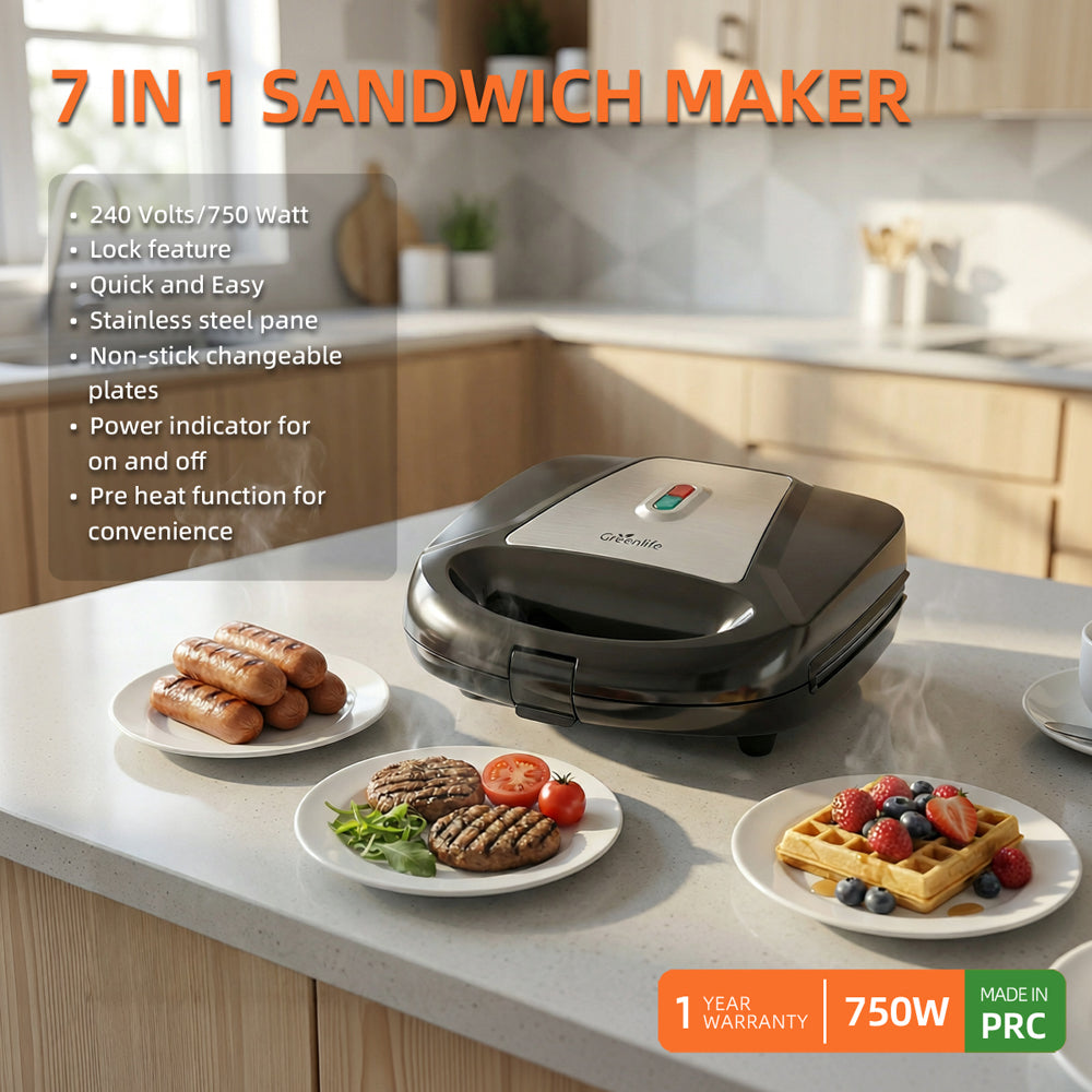 Greenlife 7-in-1 sandwich maker in a kitchen with grilled sausages, burgers, and waffles.