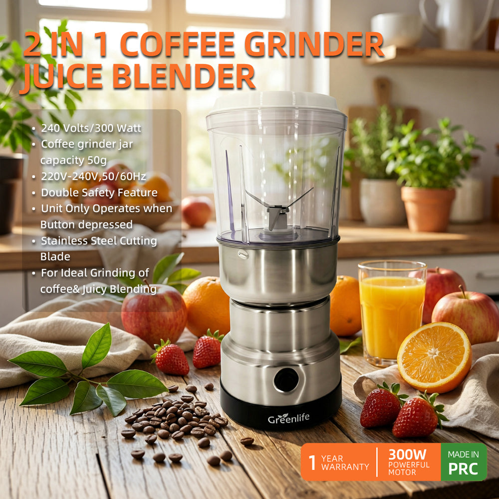 Greenlife 2-in-1 coffee grinder and juice blender machine on a kitchen counter in Sri Lanka.