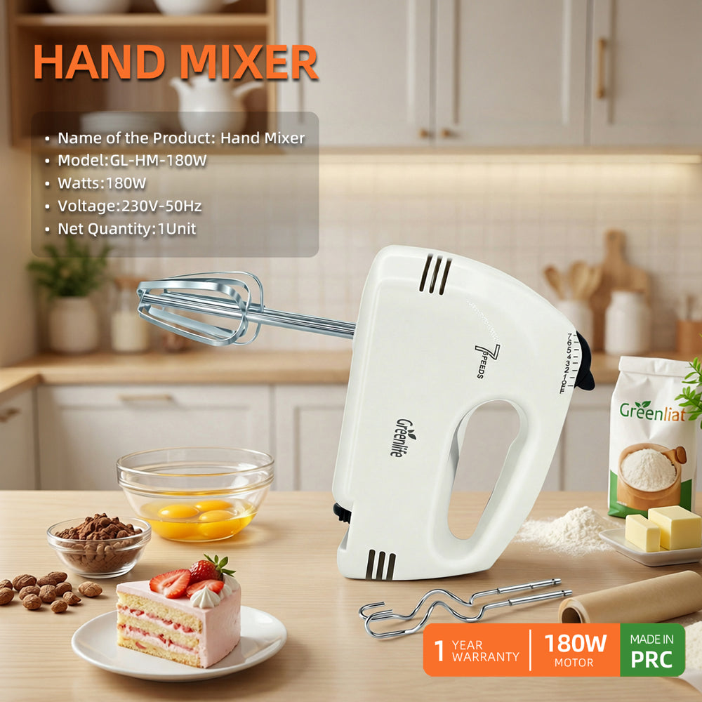 Greenlife 7-speed hand mixer on a kitchen counter with eggs, flour, and a strawberry cake.