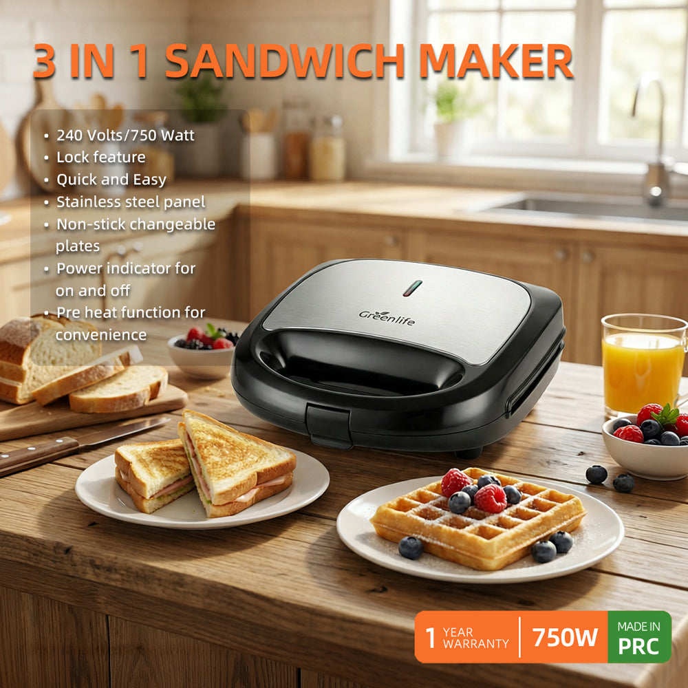 Greenlife 3-in-1 sandwich maker on a kitchen counter in Sri Lanka with toasted sandwiches and waffles.