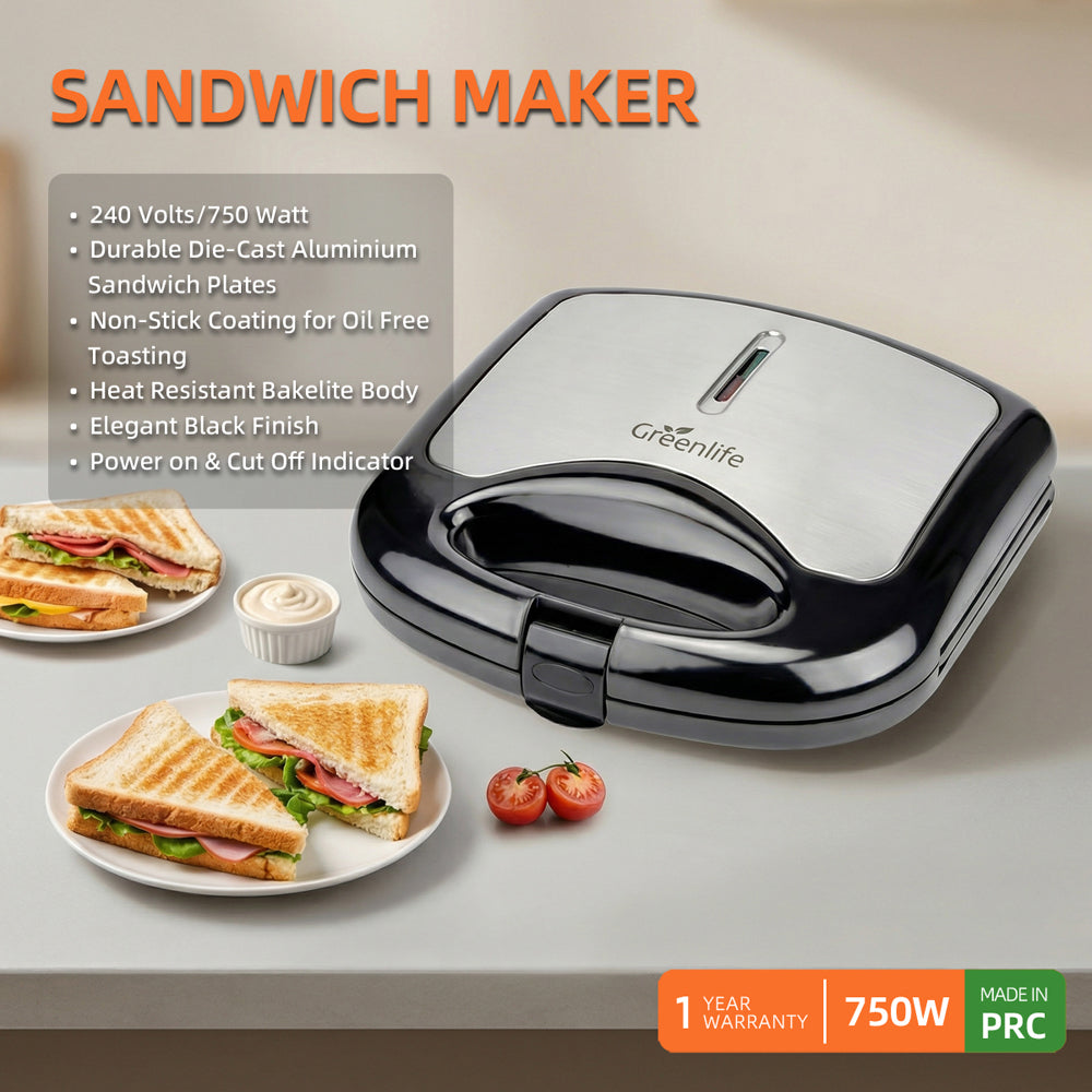 Greenlife 750W sandwich maker on a kitchen counter with fresh triangle toasties and waffles.