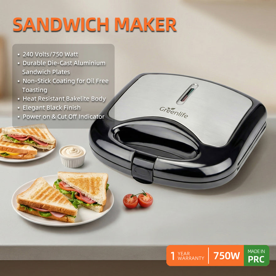 Greenlife 750W sandwich maker on a kitchen counter with fresh triangle toasties and waffles.