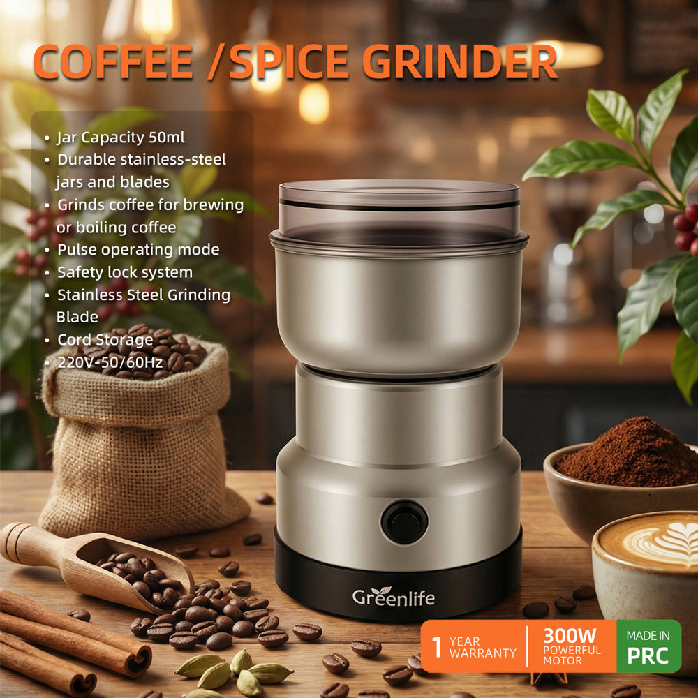 Greenlife electric coffee and spice grinder with fresh coffee beans and cinnamon sticks.
