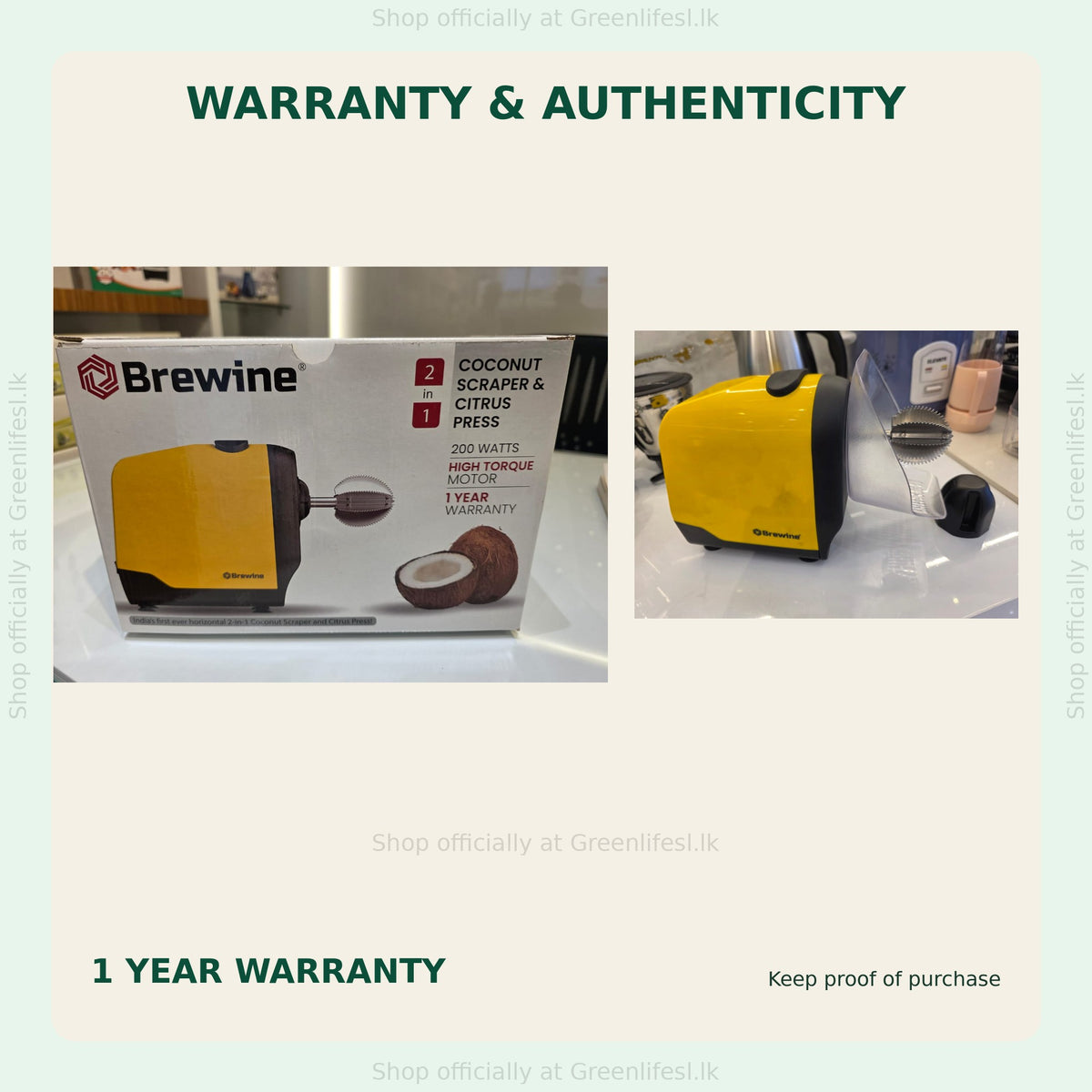 Brewine 2-in-1 coconut scraper and citrus press retail box and unit, 1 year warranty, keep proof of purchase