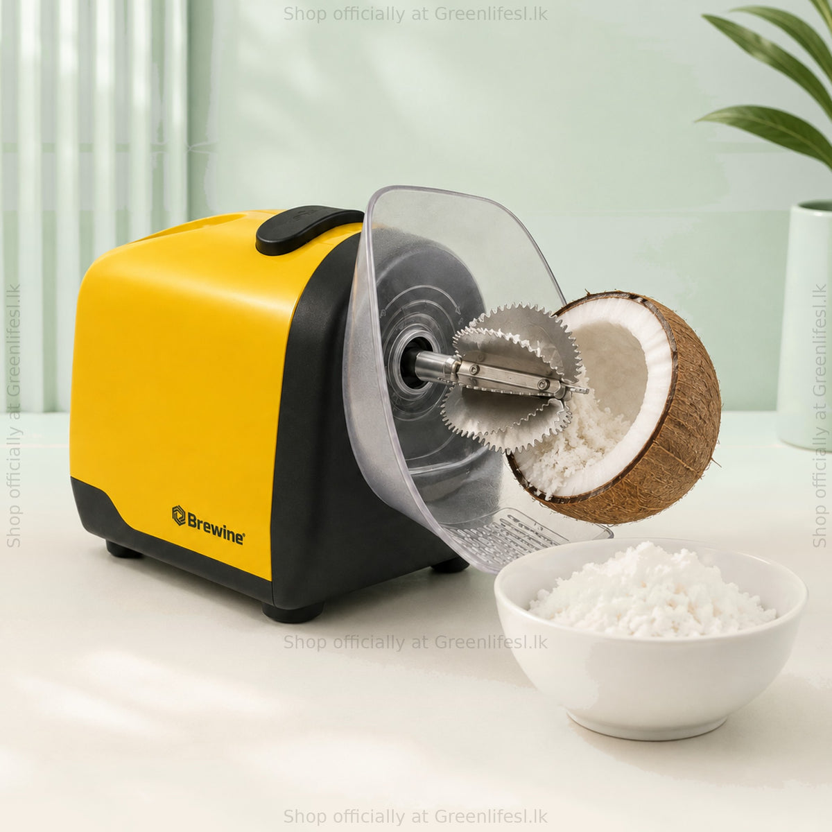 Brewine 2-in-1 coconut scraper and citrus press scraping a coconut half into a bowl of grated coconut