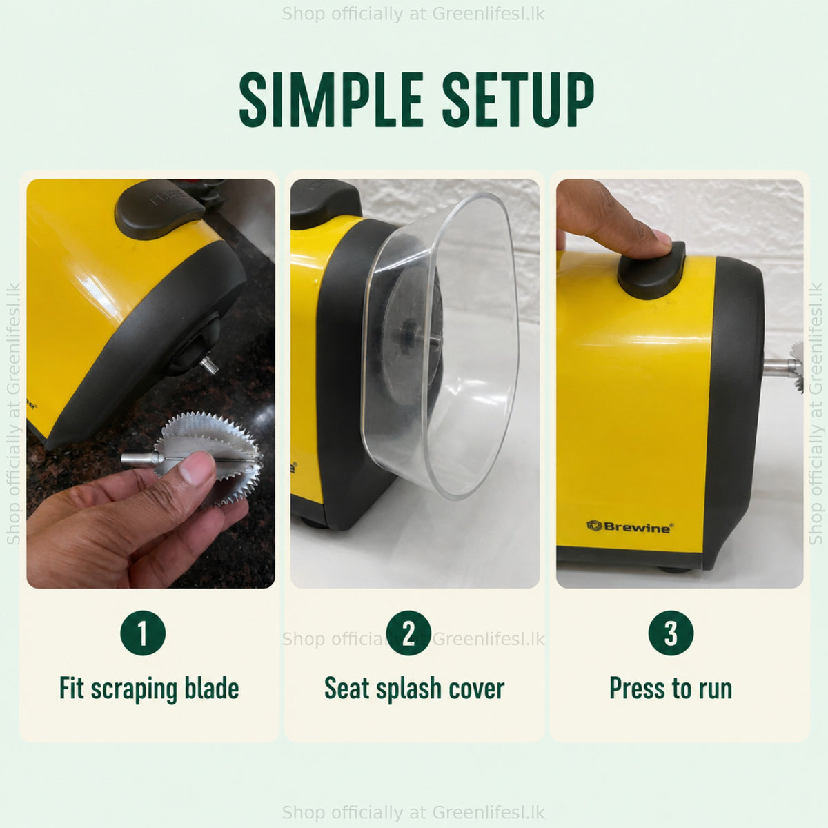 Brewine 2-in-1 coconut scraper and citrus press setup: fit the scraping blade, seat the splash cover, press to run