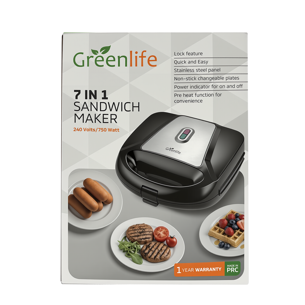 Retail packaging of Greenlife 7-in-1 multi-maker with 750W power and PRC quality.