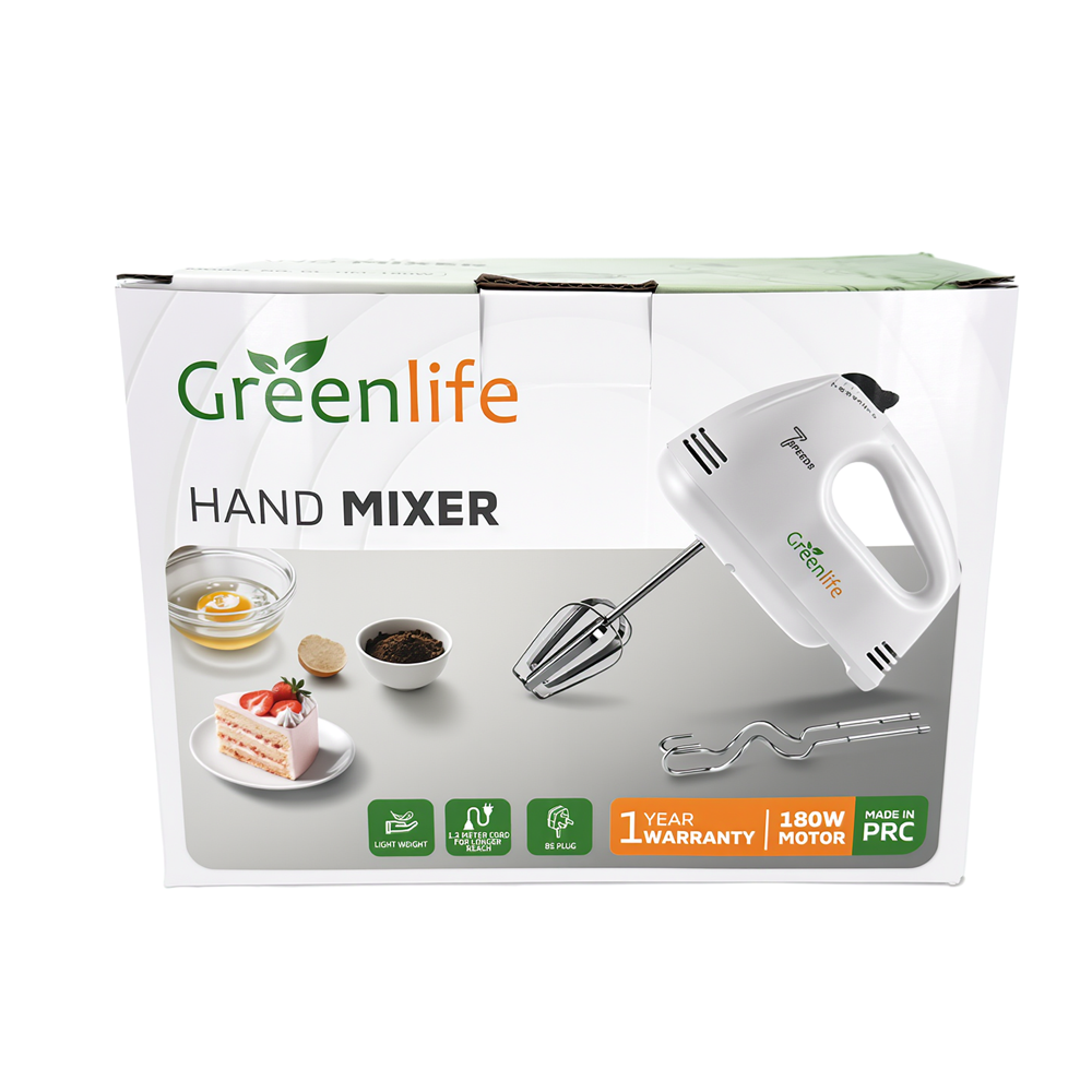 Front view of Greenlife Hand Mixer packaging highlighting its lightweight and 1.2m cord.