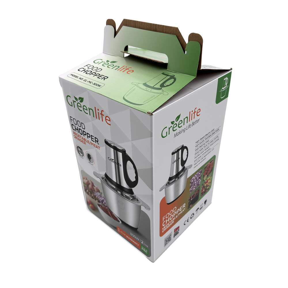 Side view of Greenlife Food Chopper packaging showing 1-year warranty and PRC quality.
