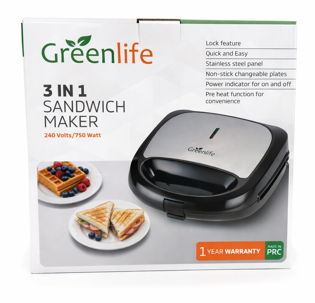 Box front of Greenlife 750W 3-in-1 Sandwich Maker showing quick and easy meal features.