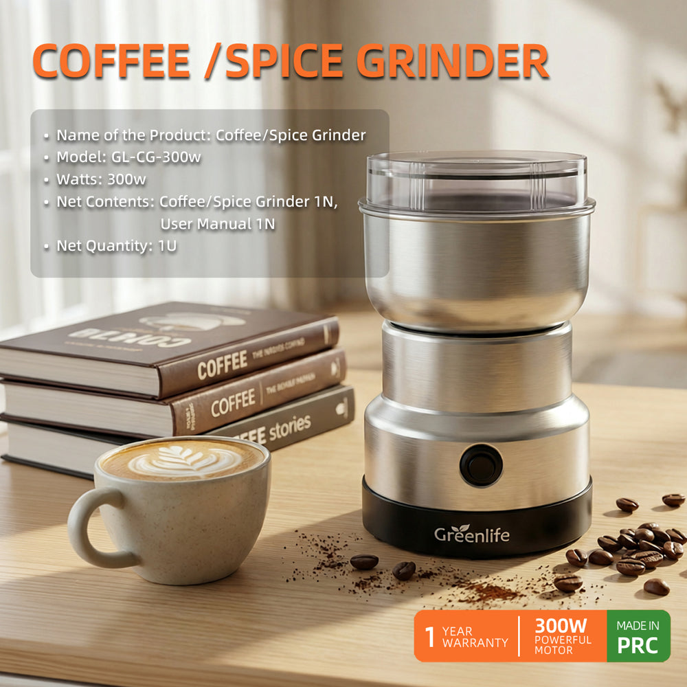 Professional Greenlife 300W coffee grinder on a desk next to a latte and coffee books.
