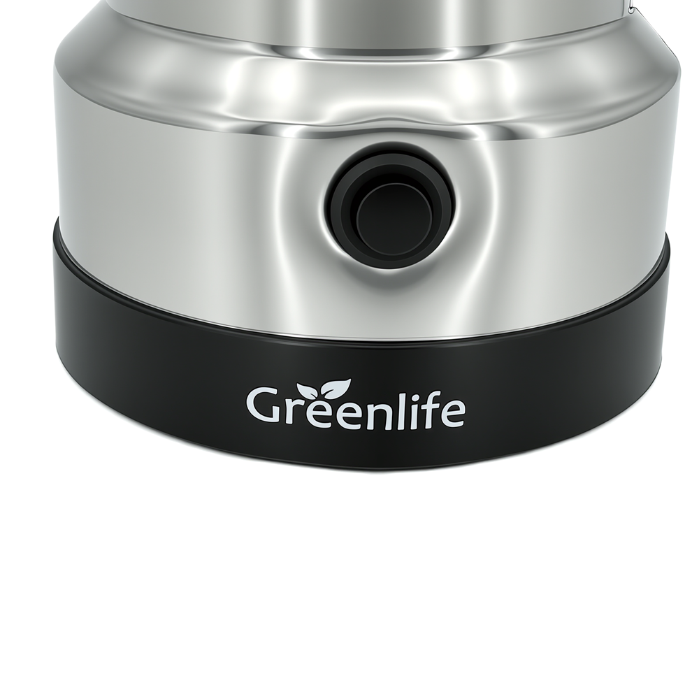 Close-up of the easy-to-use pulse operating button and Greenlife logo on the motor base.