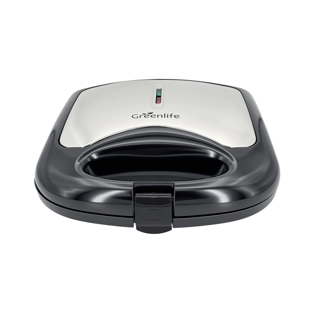 Sleek black Greenlife sandwich toaster with ergonomic cool-touch handle.