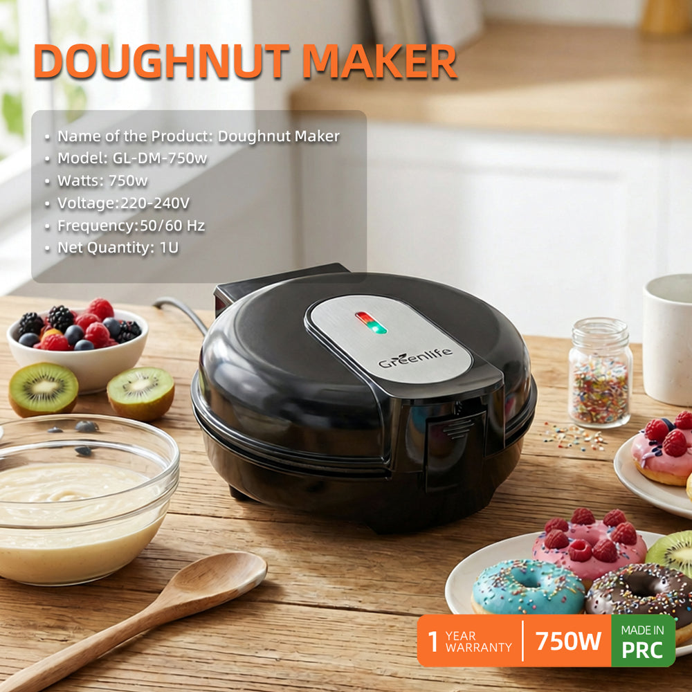 Making fresh homemade donuts with the Greenlife 750W donut maker machine.