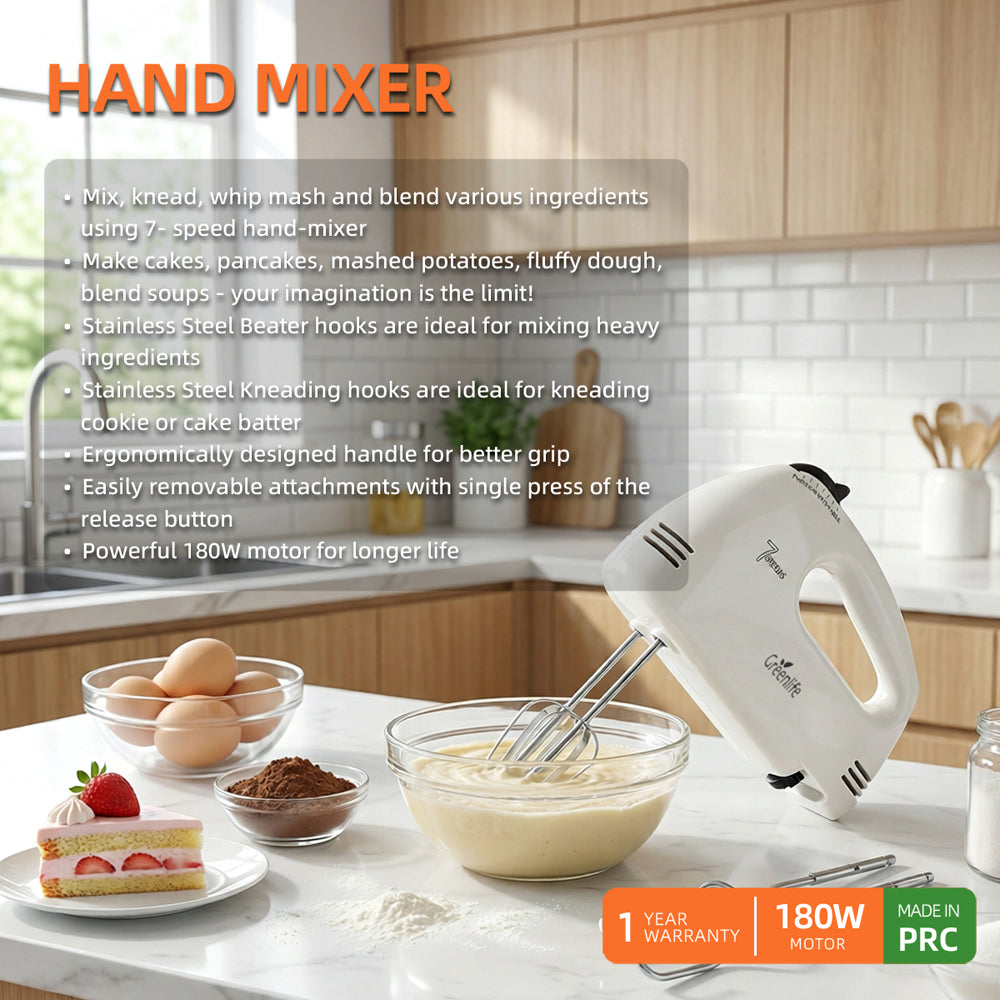 Greenlife hand mixer whisking batter in a glass bowl ideal for cakes and pancakes.