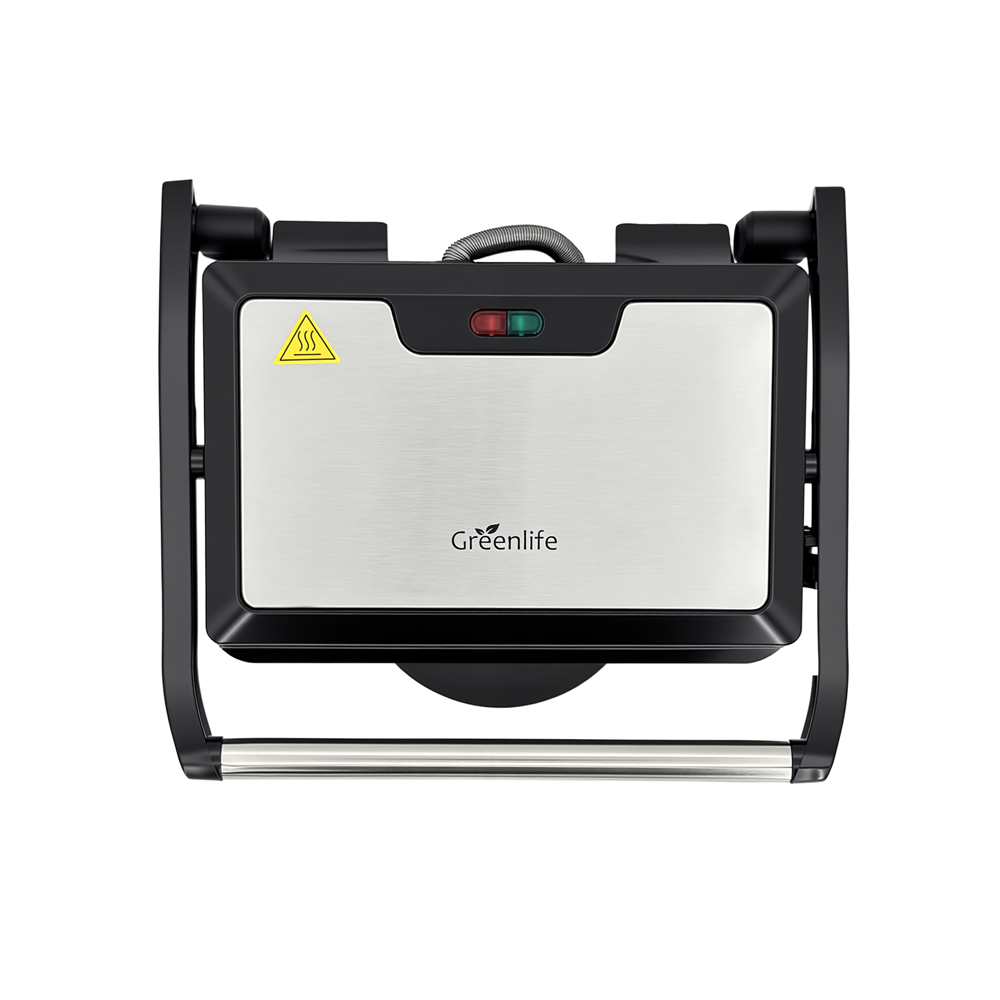 Closed view of the Greenlife 800W grill maker highlighting the durable Bakelite handle.