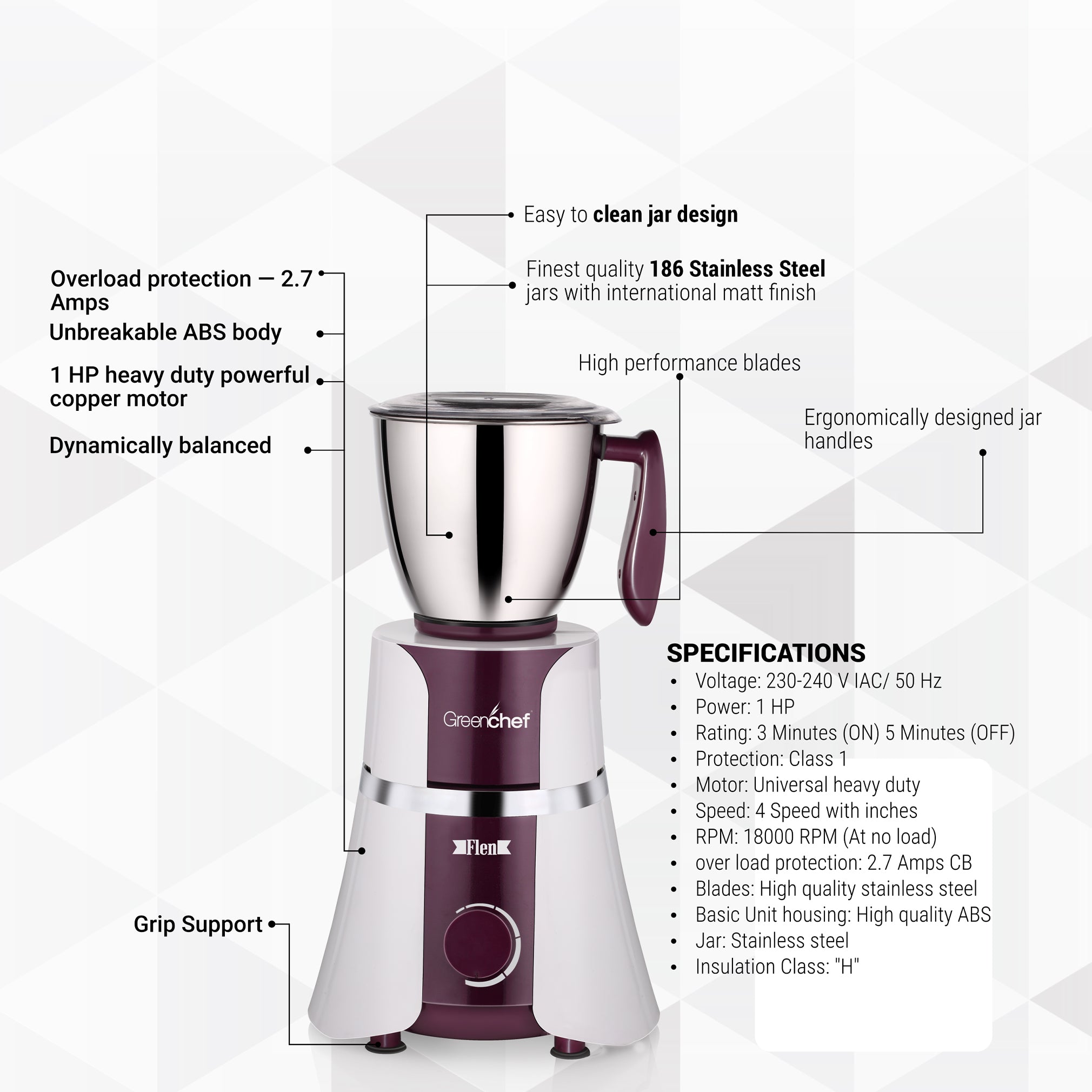 GreenChef Mixer Grinder Flen Plus 1HP 3 Jars with Juicer Jar - Complete Kitchen Solution Sri Lanka