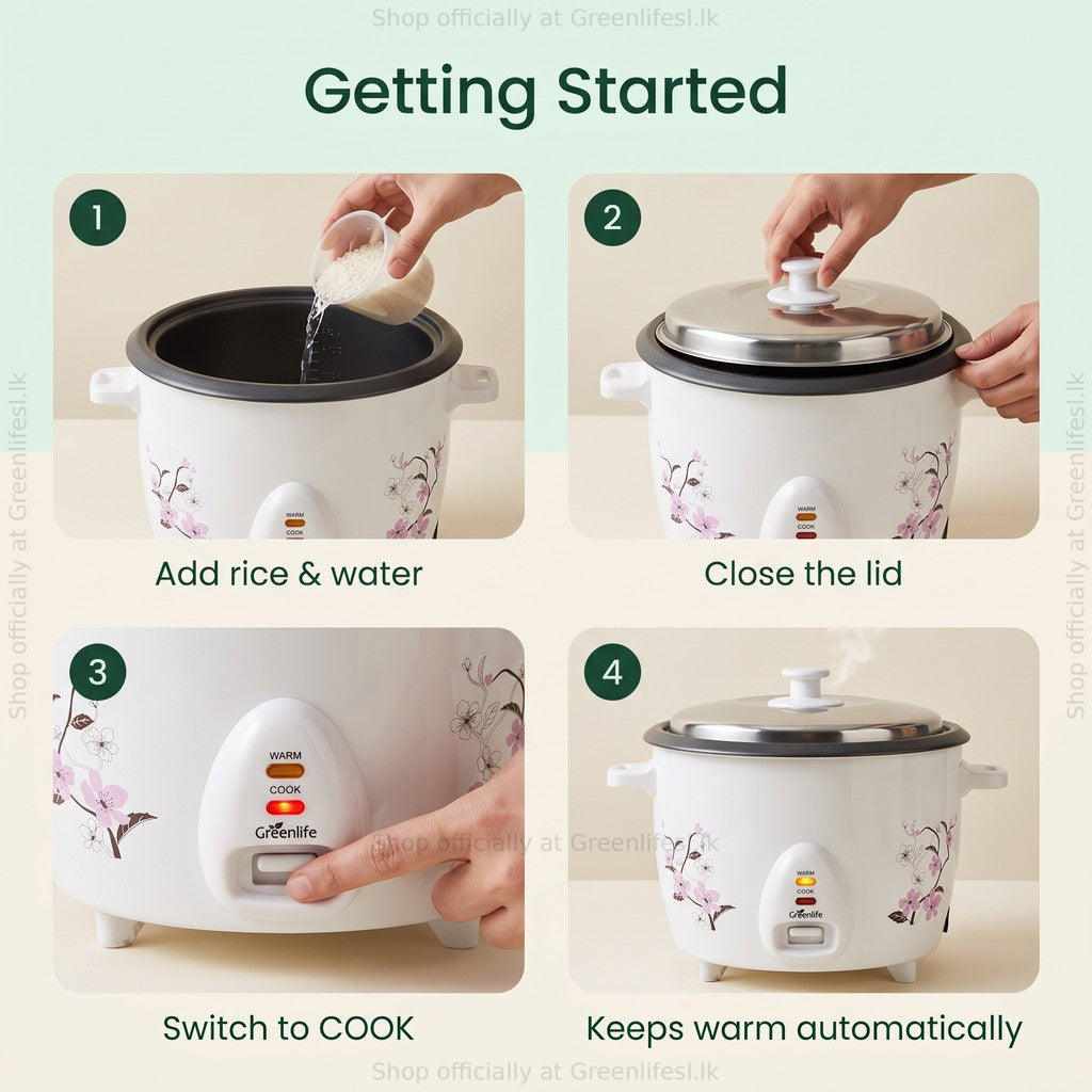 Green Life 1.8L automatic rice cooker with steamer: add rice and water, close the lid, switch to cook, keeps warm