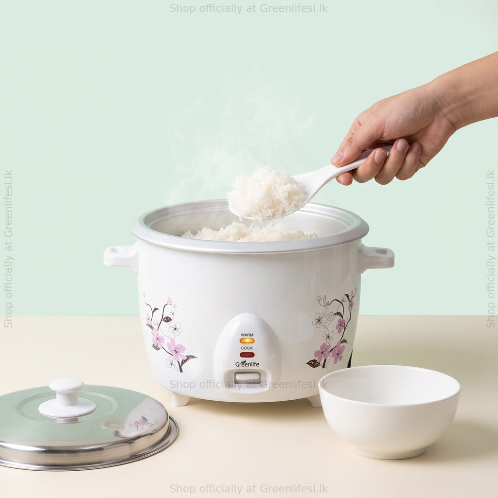 Serving freshly cooked rice from the Green Life 1.8L automatic rice cooker with steamer