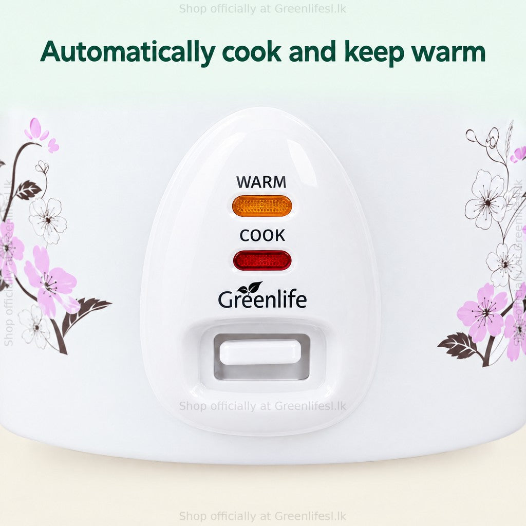 Green Life 1.8L automatic rice cooker with steamer, WARM and COOK lights and switch close-up