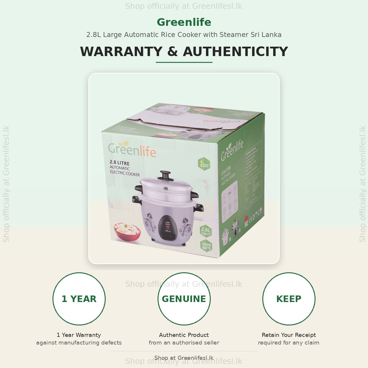 Green Life 2.8L automatic rice cooker with steamer retail box, 1 year warranty against manufacturing defects