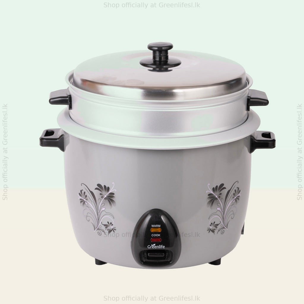 Green Life 2.8L automatic rice cooker with steamer from a raised angle, with black handles