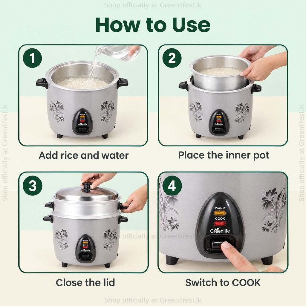 Green Life 2.8L automatic rice cooker with steamer: add rice and water, place the pot, close the lid, switch to cook