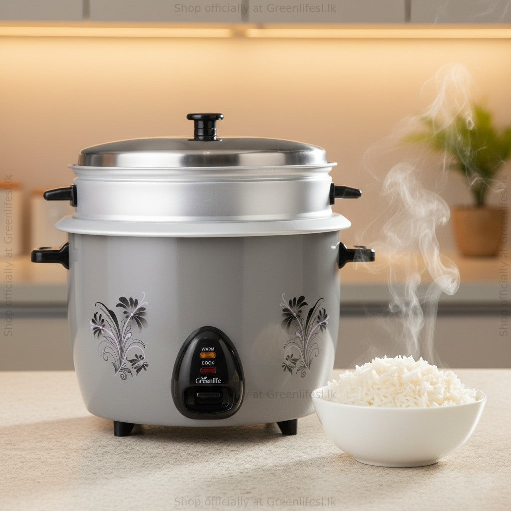 Green Life 2.8L automatic rice cooker with steamer on a kitchen counter with a bowl of rice