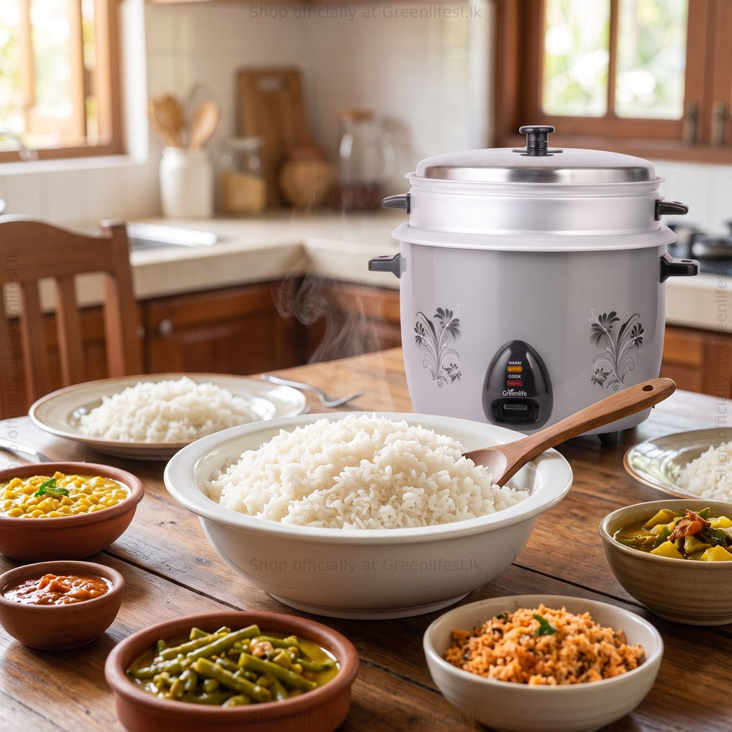 Green Life 2.8L automatic rice cooker with steamer on a table with rice and curries