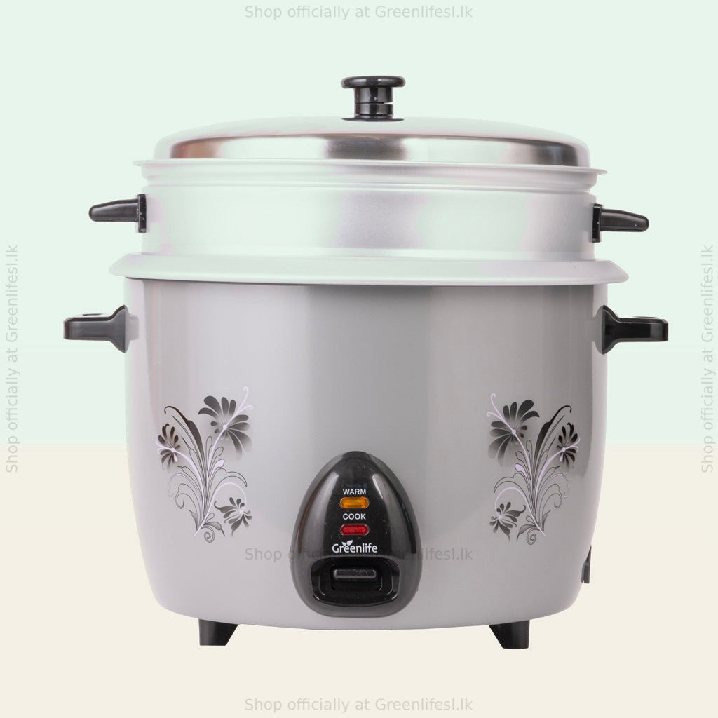 Green Life 2.8L automatic rice cooker with steamer, grey floral body, steamer tray and steel lid