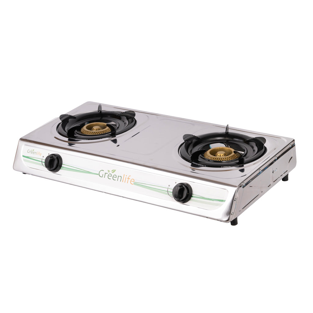 Green Life 2-Burner Gas Cooker Auto Ignition Feature Detail - Stainless Steel Design